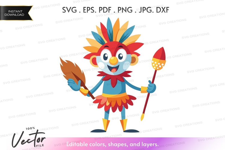 Colorful bird mascot holding feathers