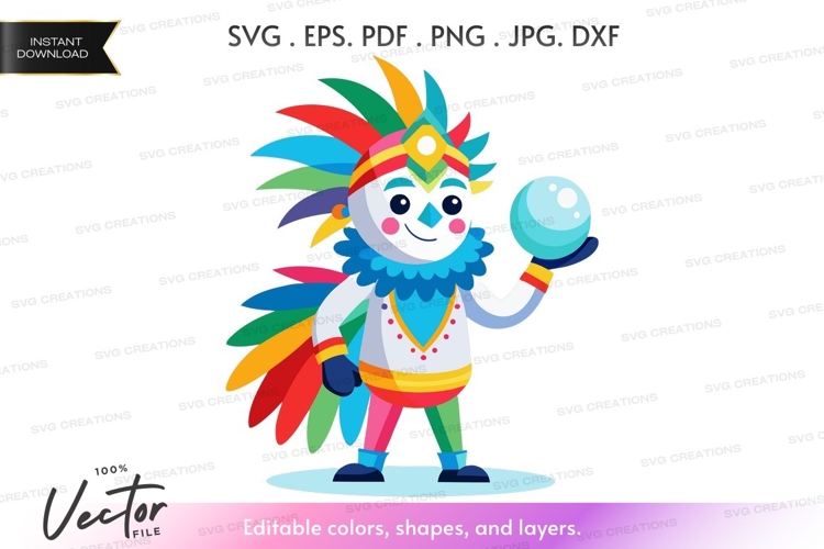 Colorful feathered mascot holding a globe