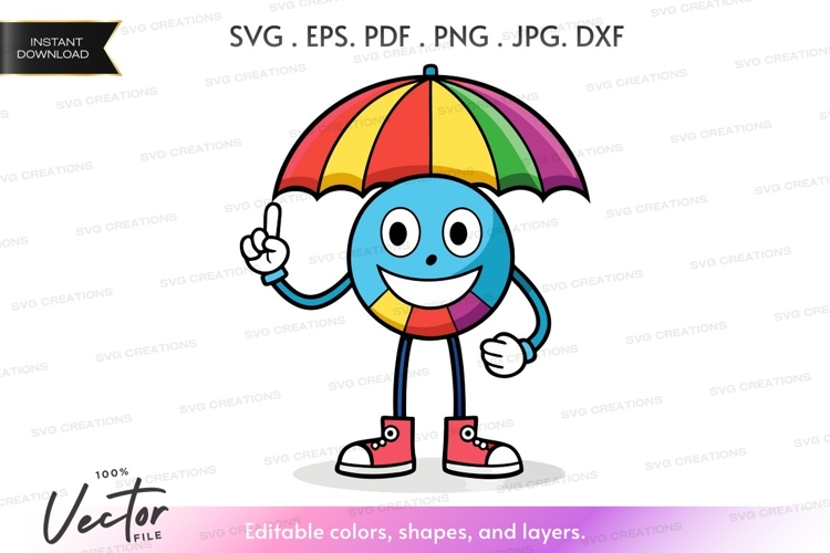Happy character with rainbow umbrella