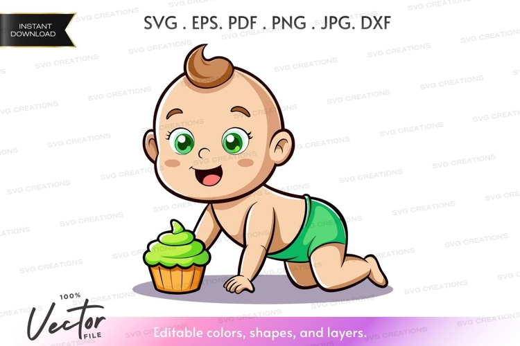 Happy baby with cupcake - vector silhouette