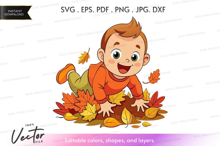 Happy child playing with fall leaves - vector silhouette