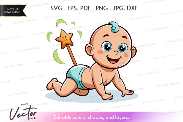 Happy baby crawling with magic wand