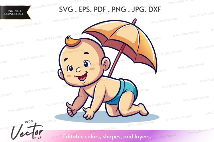 Baby with umbrella vector silhouette