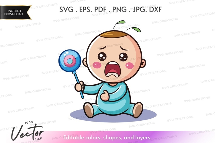 Crying baby holding lollipop vector silhouette