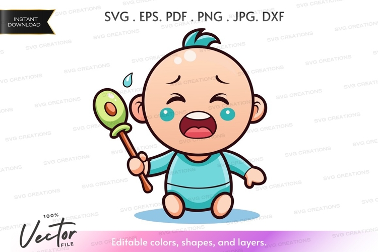 Crying baby with rattle vector silhouette