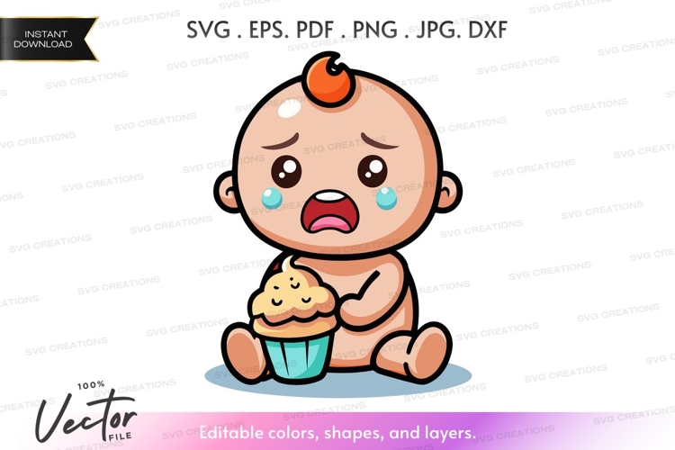 Crying baby with cupcake vector silhouette