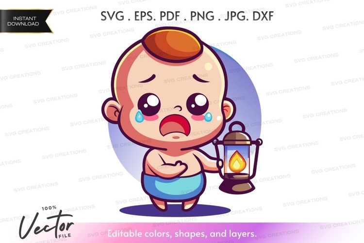 Crying baby holding lantern vector silhouette