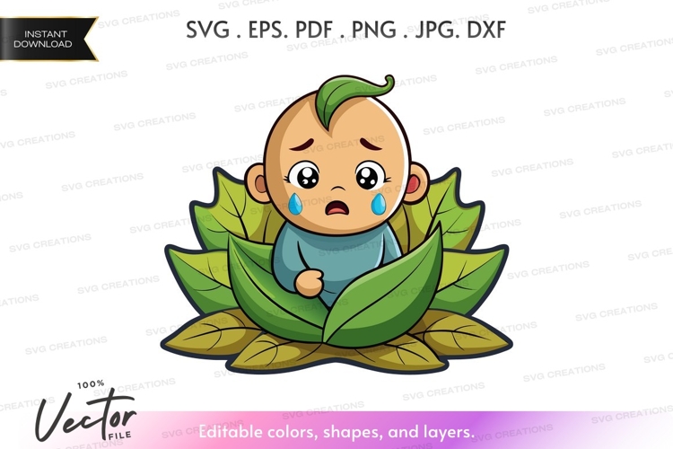 Crying baby in a leaf boat