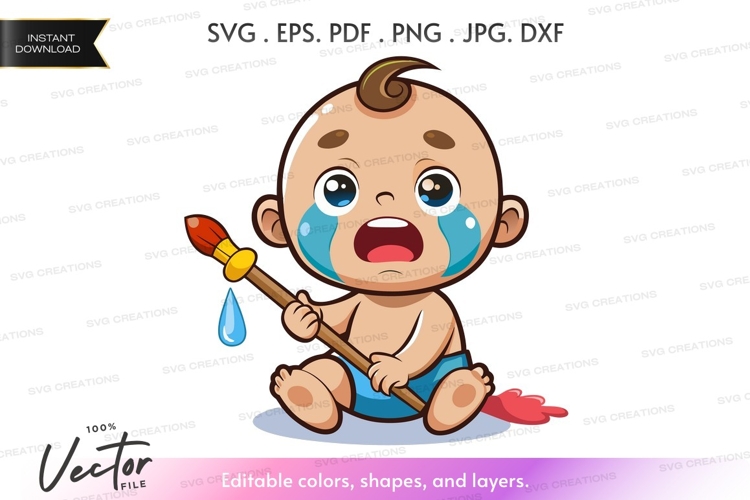 Crying baby with paintbrush - vector silhouette