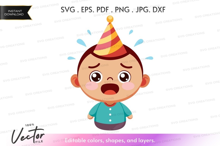 Crying child with party hat - vector silhouette