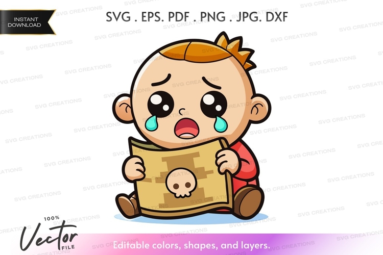 Crying cartoon boy with map vector silhouette