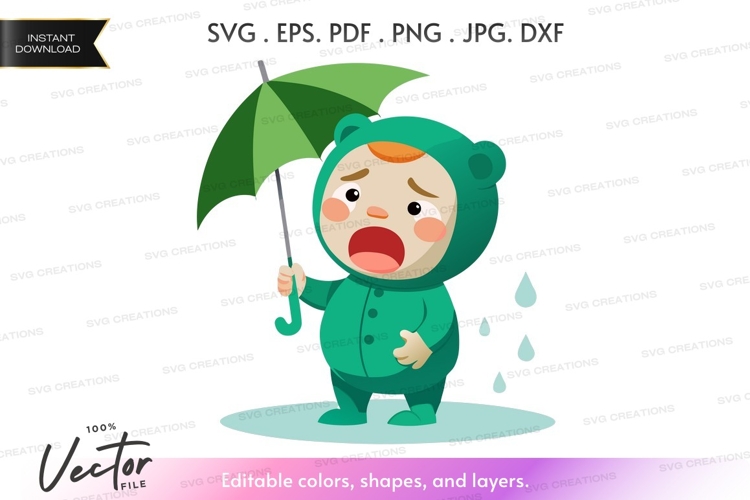 Sad bear with umbrella vector silhouette
