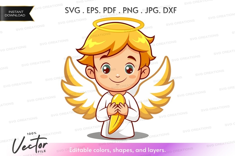 Angelic child with wings holding a golden banana