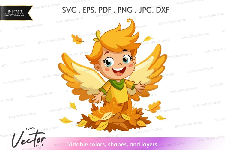 Autumn angel playing in leaves