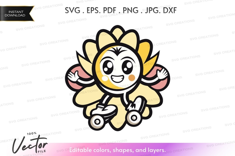Cheerful sunflower character on skates - vector silhouette