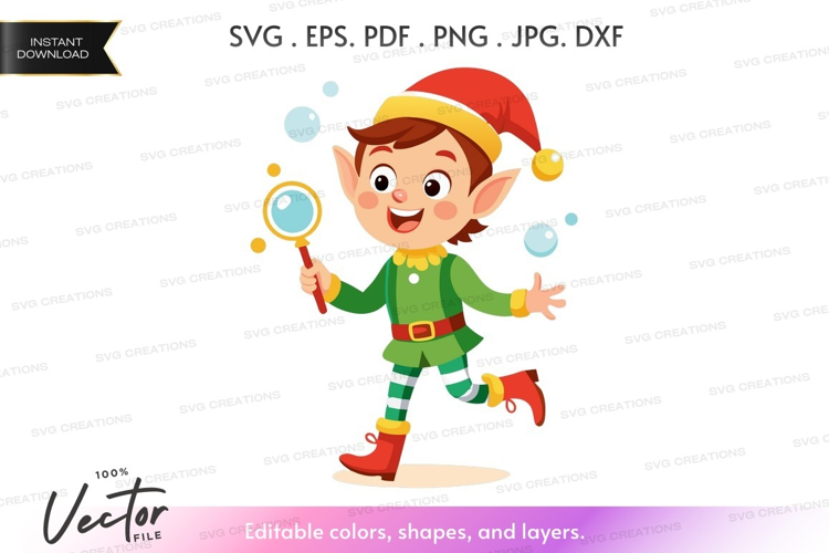 Cheerful elf with magnifying glass