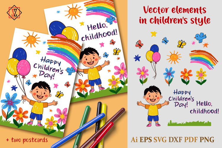 Vector cliparts in childrens style / Postcards