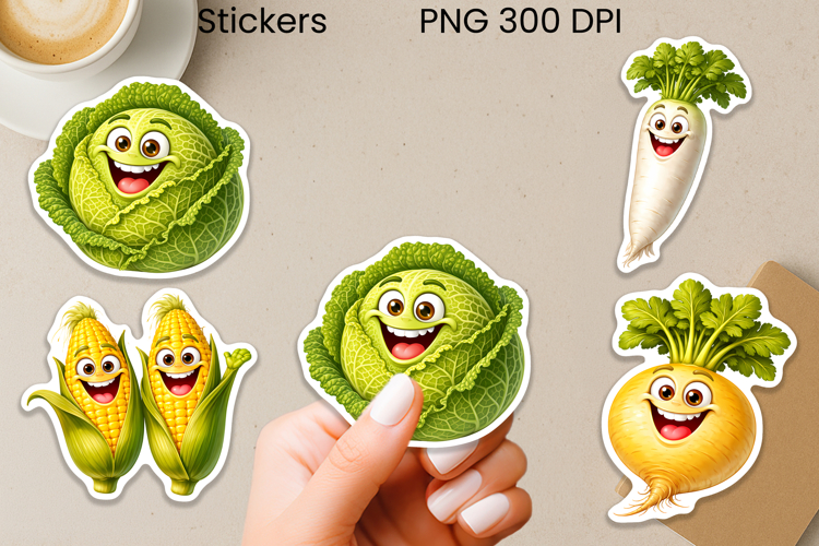 Funny groovy vegetables stickers | Food sticker printable