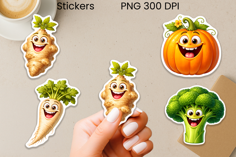 Funny groovy vegetables stickers | Food sticker printable