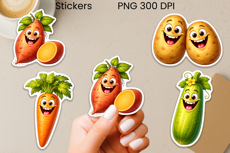 Funny groovy vegetables stickers | Food sticker printable