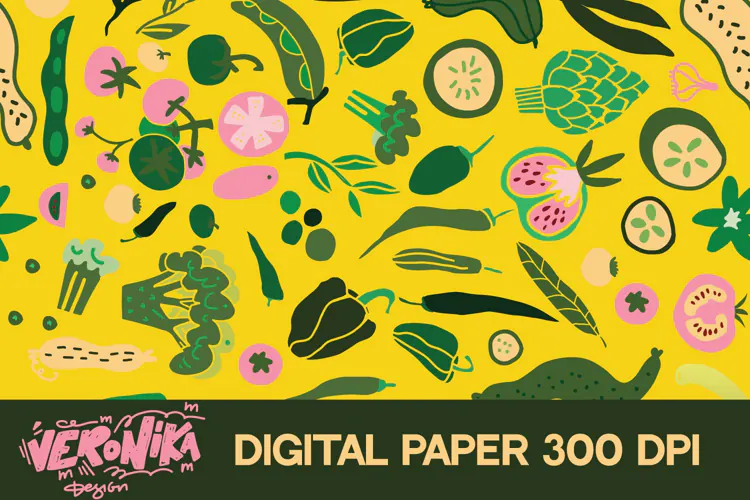 Veggies digital paper. Tomato, peas, pepper, broccoli