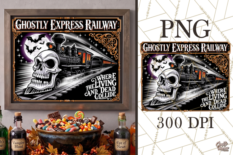 Ghostly Express Railway Halloween Sign PNG Graphic