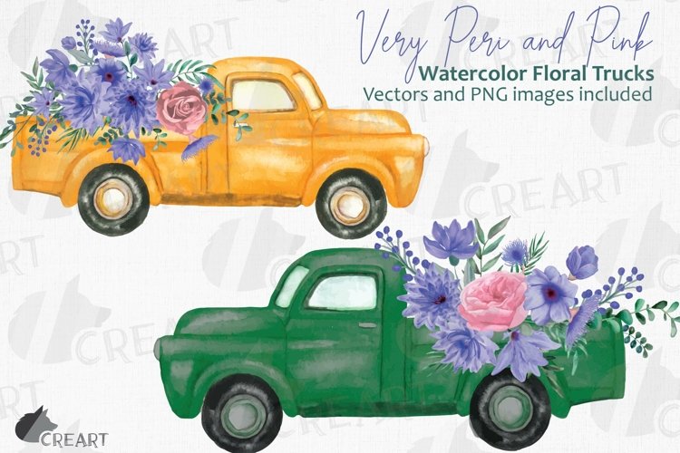 Watercolor Very Peri and Pink flower pickup truck graphics. example image 1