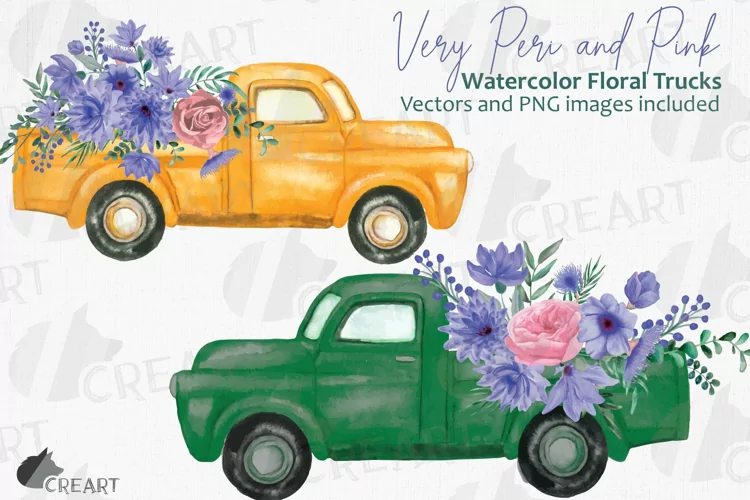 Watercolor Very Peri and Pink flower pickup truck graphics.