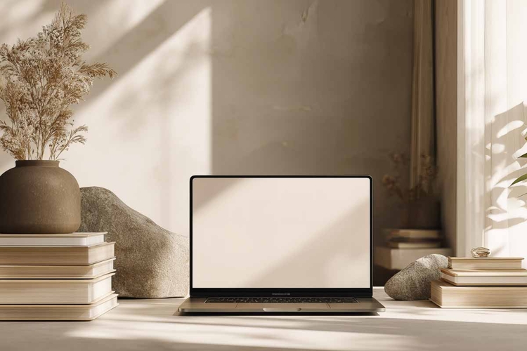 white laptop display on sofa in modern living room