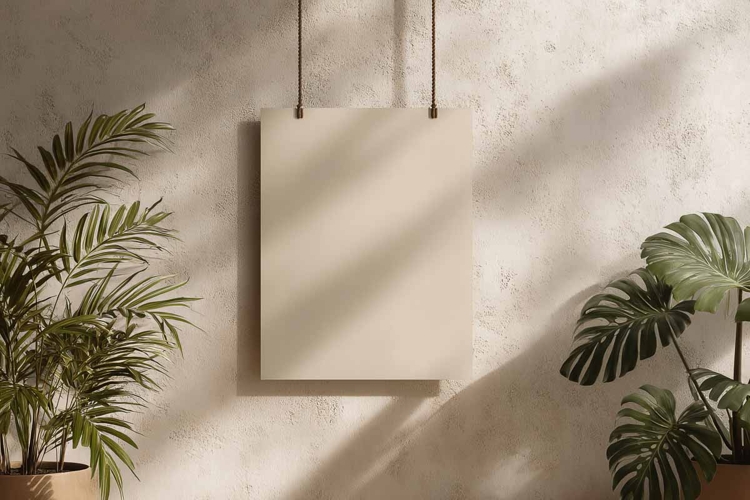 Blank poster frame mockup on white wall living room