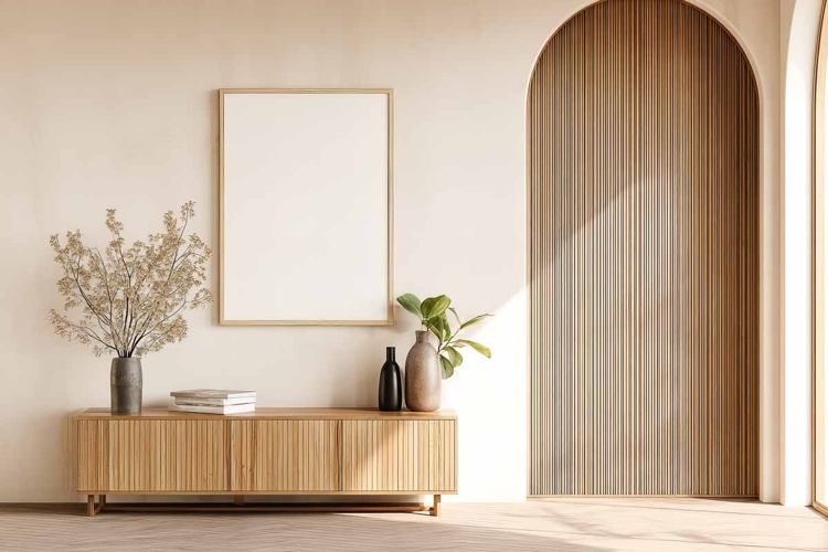 Blank poster frame mockup on white wall living room