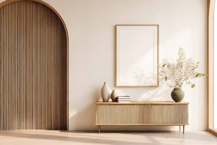 Blank poster frame mockup on white wall living room