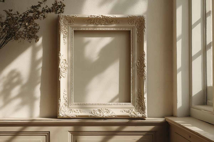 Blank poster frame mockup on white wall living room