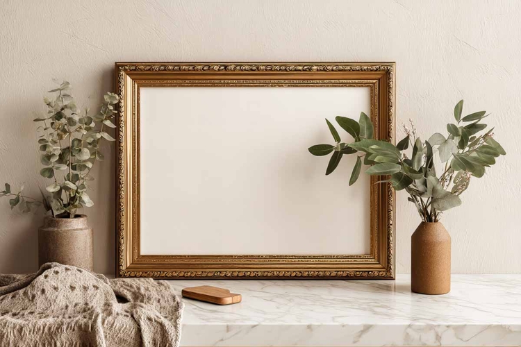 Blank poster frame mockup on white wall living room