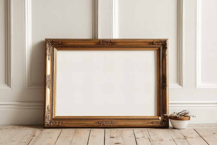 Blank poster frame mockup on white wall living room