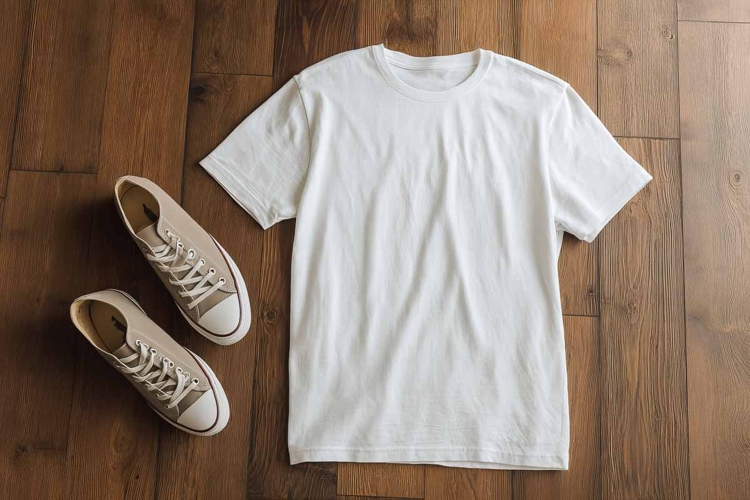White T-shirt on a wooden background