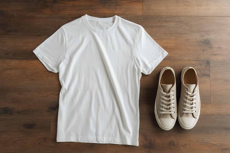 White T-shirt on a wooden background