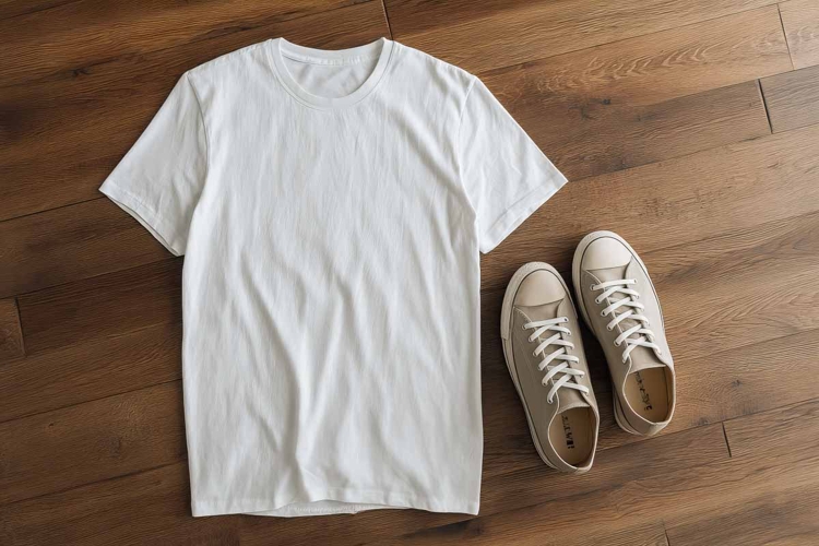 White T-shirt on a wooden background