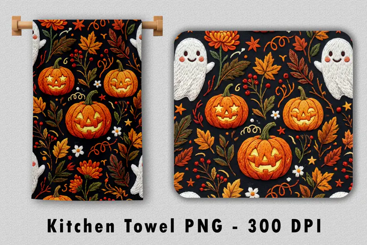 Embroidered Ghost & Pumpkin Kitchen Towel PNG