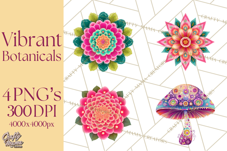 Enchanted Folk Art Florals Clipart, Stylized Flowers Png