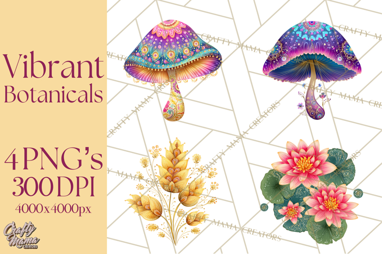 Enchanted Folk Art Florals Clipart, Stylized Flowers Png