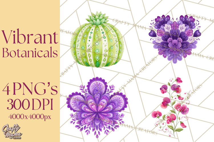 Enchanted Folk Art Florals Clipart, Stylized Flowers Png