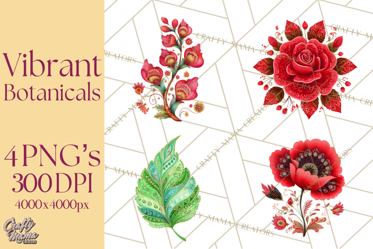 Enchanted Folk Art Florals Clipart, Stylized Flowers Png