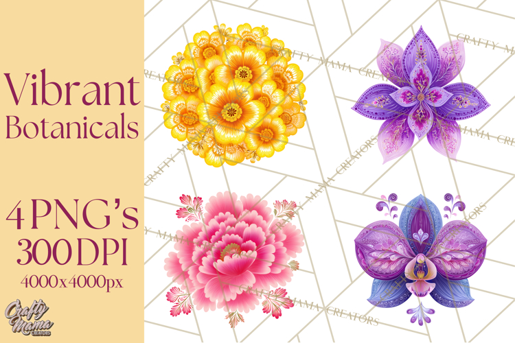 Enchanted Folk Art Florals Clipart, Stylized Flowers Png