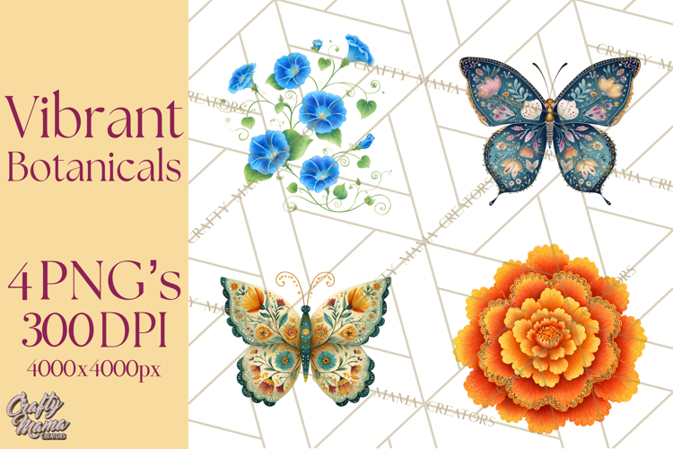 Enchanted Folk Art Florals Clipart, Stylized Flowers Png