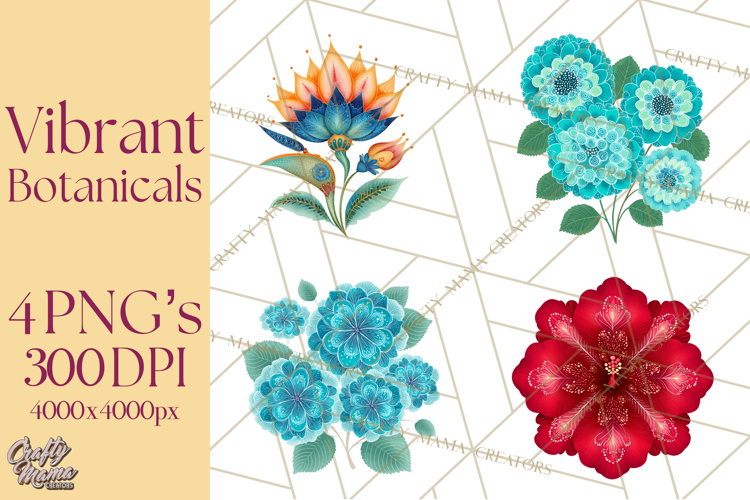 Enchanted Folk Art Florals Clipart, Stylized Flowers Png