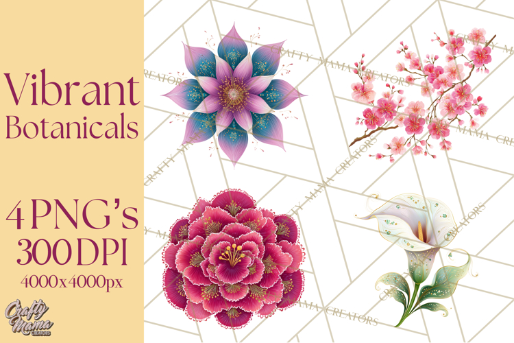 Enchanted Folk Art Florals Clipart, Stylized Flowers Png