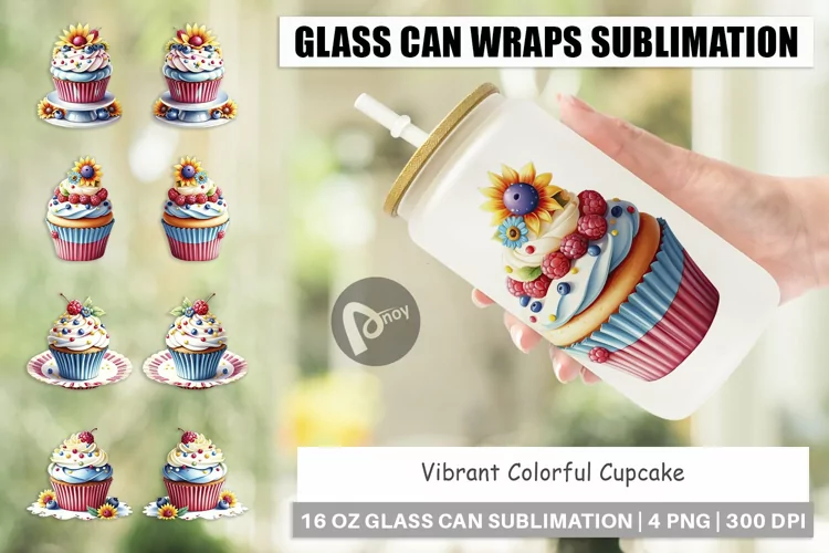Glass Can Wraps Colorful Cupcake