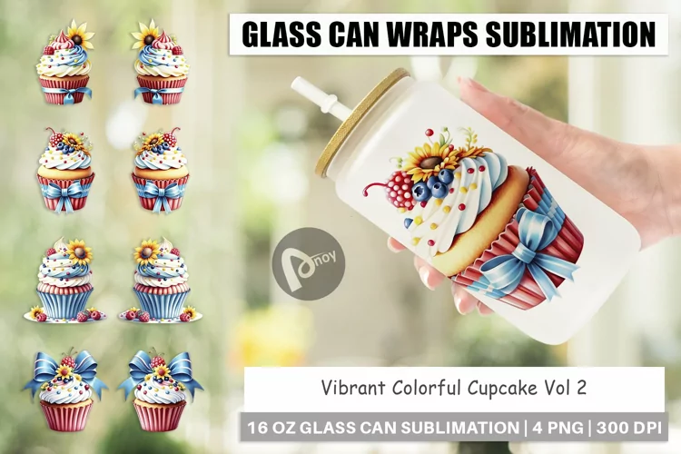 Glass Can Wraps Colorful Cupcake