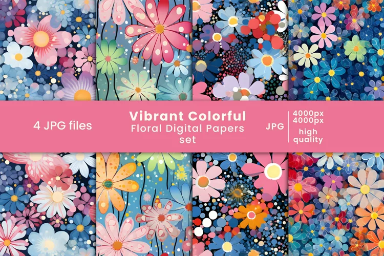 vibrant colorful floral digital papers and flower patterns